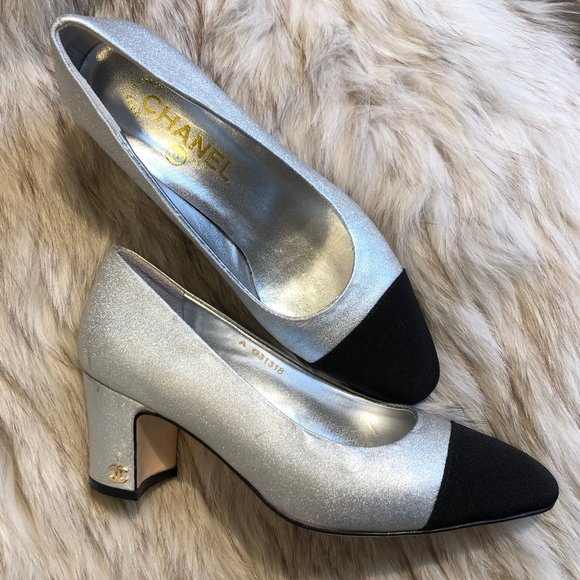 CHANEL Shoes - Chanel Iconic Silver & Black Capped Pumps
